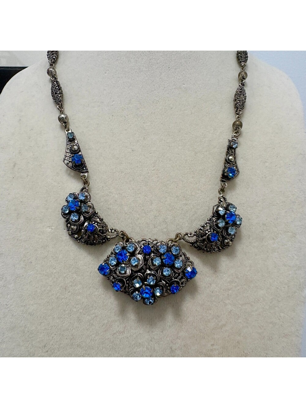 Vintage West Germany Silver Tone Filigree Necklace with Blue Rhinestones 17"